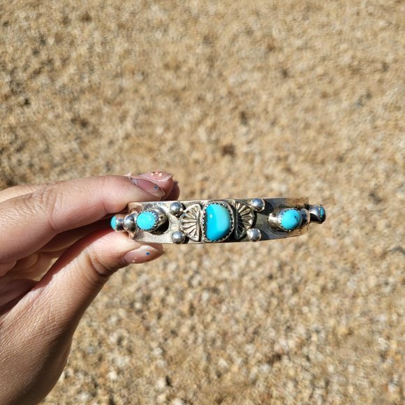 Vintage Native American 5 Stone Turquoise w/ Pyrite,  Handmade Cuff‎ Bracelet - Picture 7 of 14